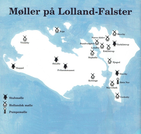 Kort over møller på Lolland-Falster